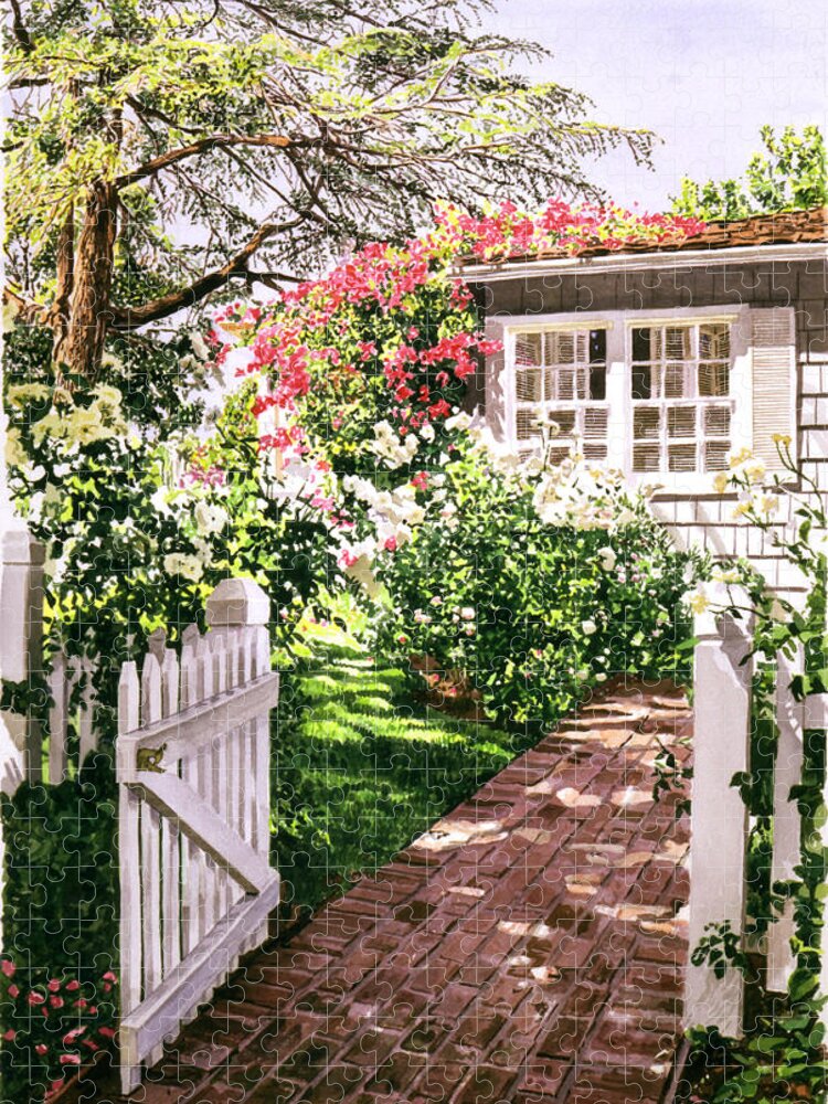 Gardens Jigsaw Puzzle featuring the painting Rose Cottage Gate by David Lloyd Glover