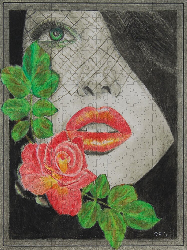 Rose Jigsaw Puzzle featuring the drawing Rose Kisses 2 by Quwatha Valentine