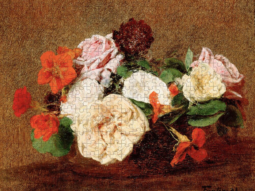 Henri Fantin-latour Jigsaw Puzzle featuring the painting Roses and Nasturtiums in a Vase by Henri Fantin-Latour