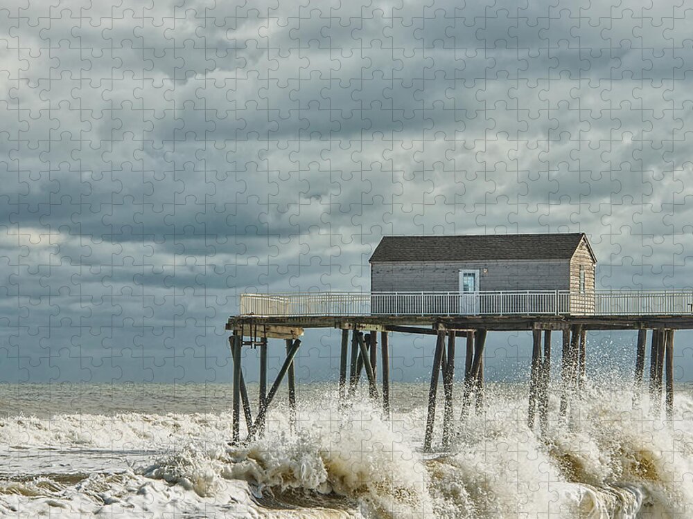 Storm Jigsaw Puzzle featuring the photograph Rough Surf At The Fishing Pier by Gary Slawsky