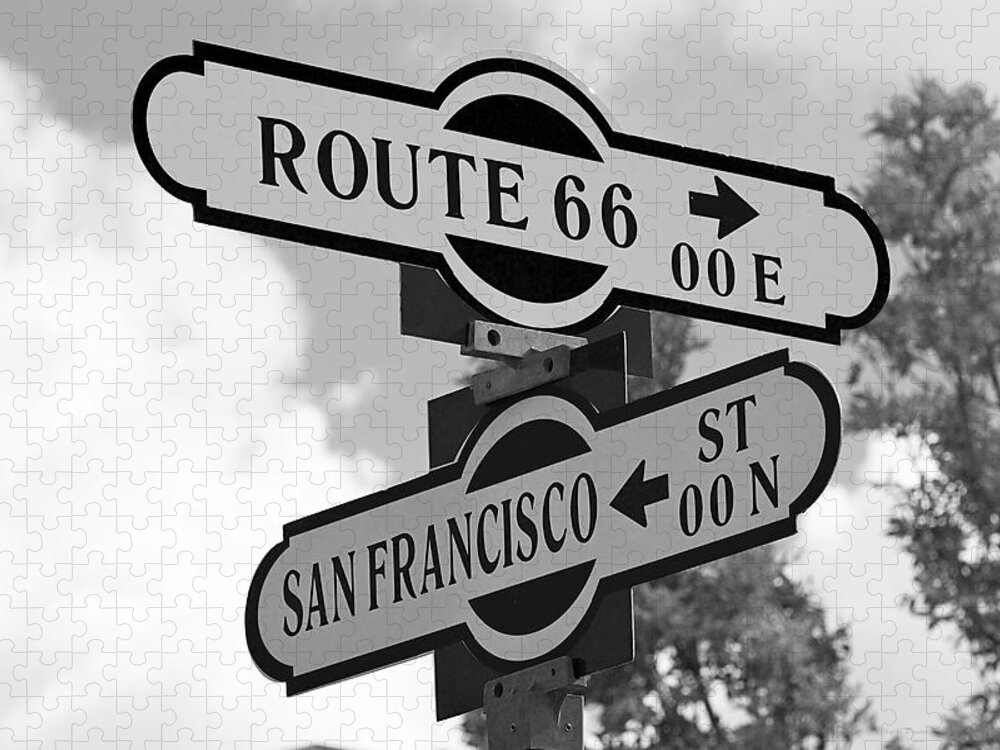 Sign Jigsaw Puzzle featuring the photograph Route 66 Street Sign Black And White by Phyllis Denton
