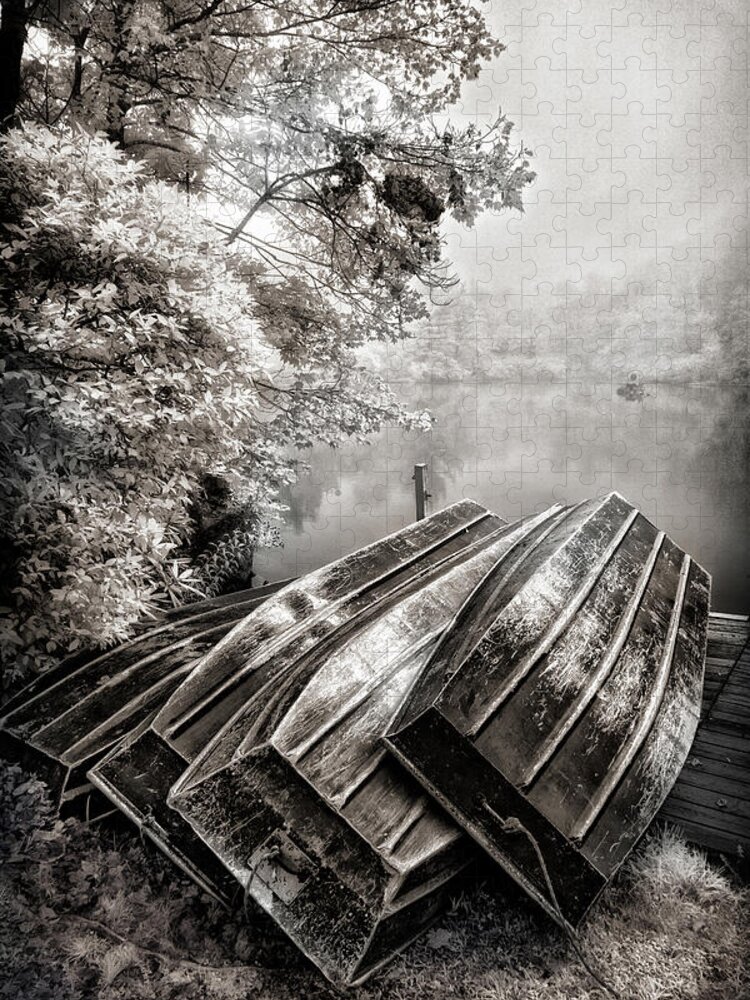 Blue Ridge Parkway Jigsaw Puzzle featuring the photograph Row Boats on Blue Ridge Parkway Price Lake BW FX by Dan Carmichael