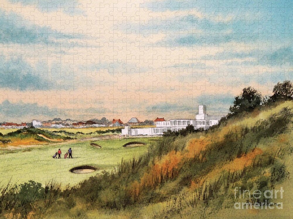 Royal Birkdale Golf Course Jigsaw Puzzle featuring the painting Royal Birkdale Golf Course 18th Hole by Bill Holkham