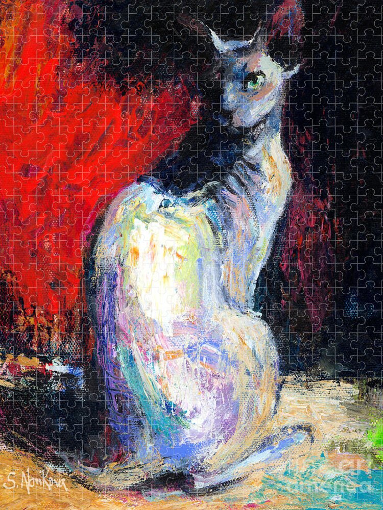 Sphynx Cat Art Jigsaw Puzzle featuring the painting Royal sphynx Cat painting by Svetlana Novikova