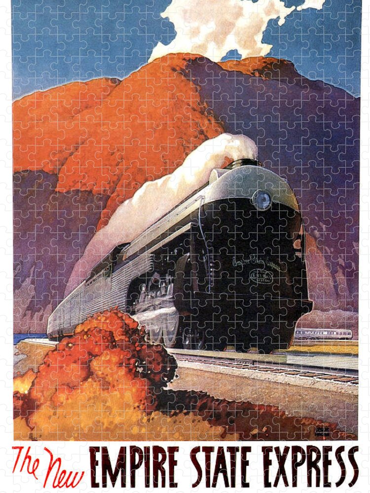 Running Jigsaw Puzzle featuring the painting Running steam train, vintage travel poster by Long Shot