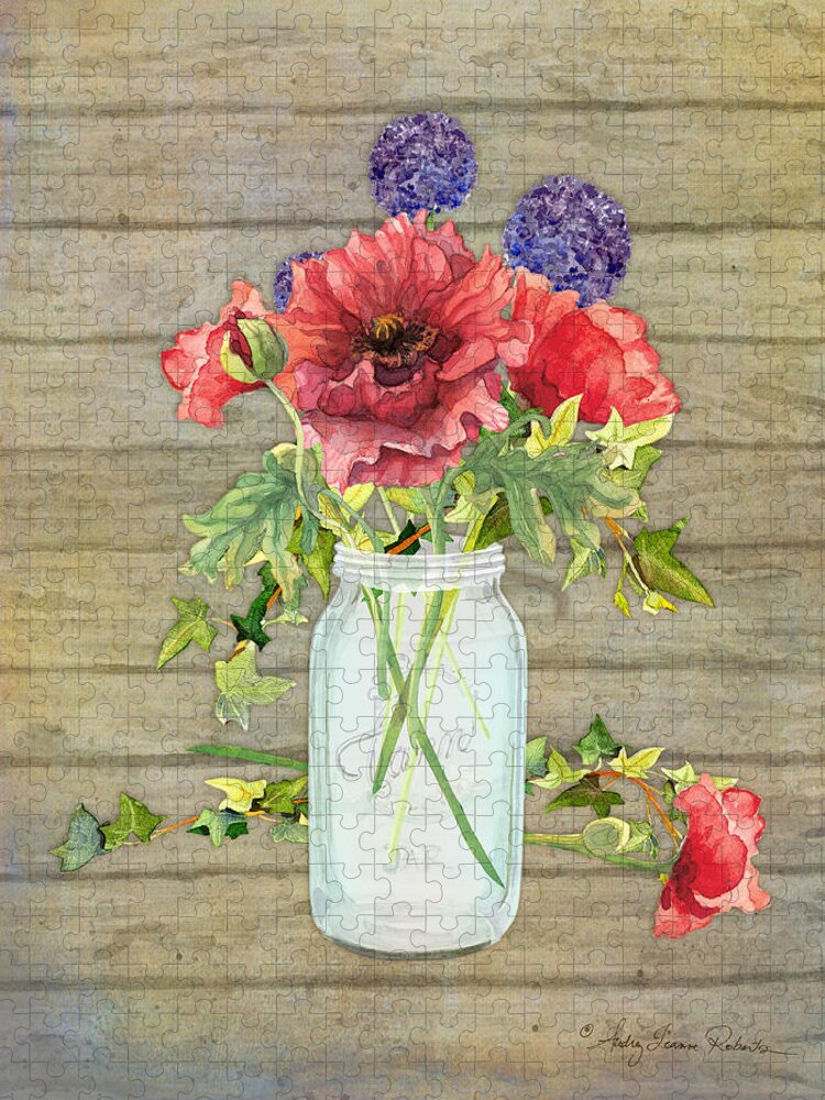 Watercolor Jigsaw Puzzle featuring the painting Rustic Country Red Poppy w Alium n Ivy in a Mason Jar Bouquet on Wooden Fence by Audrey Jeanne Roberts