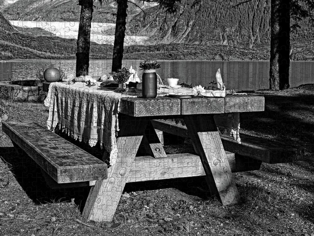 Picnic Table Jigsaw Puzzle featuring the photograph Rustic Tea Table Monochrome by Cathy Mahnke