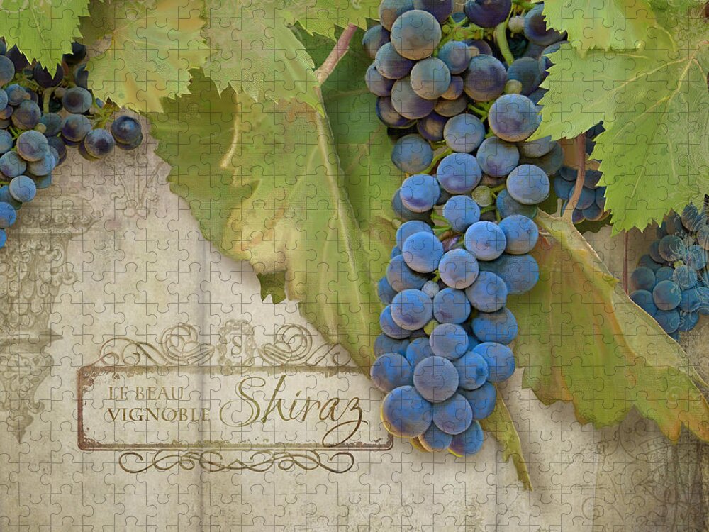 Shiraz Jigsaw Puzzle featuring the painting Rustic Vineyard - Shiraz Wine Grapes over Stone by Audrey Jeanne Roberts