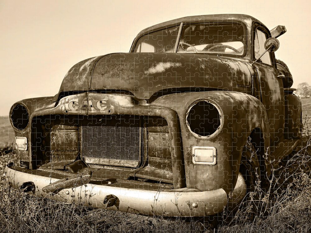 Vintage Jigsaw Puzzle featuring the photograph Rusty But Trusty Old GMC Pickup Truck - Sepia by Gordon Dean II