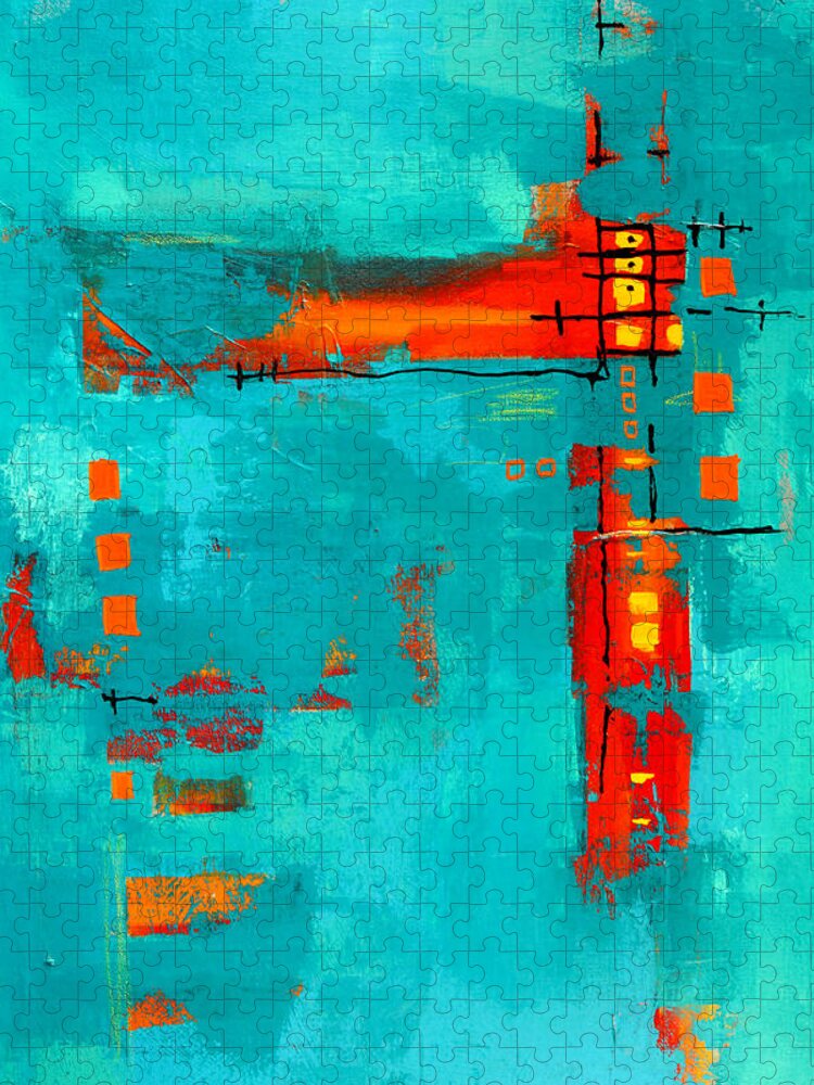 Turquoise Abstract Puzzle featuring the painting Rusty by Nancy Merkle