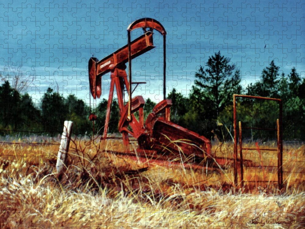 Rusty Jigsaw Puzzle featuring the painting Rusty Pump Jack by Randy Welborn
