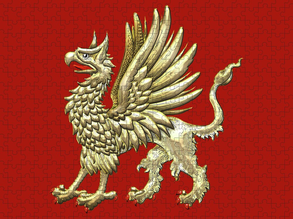 Sacred Golden Griffin on Red Leather Jigsaw Puzzle by Serge Averbukh -  Pixels