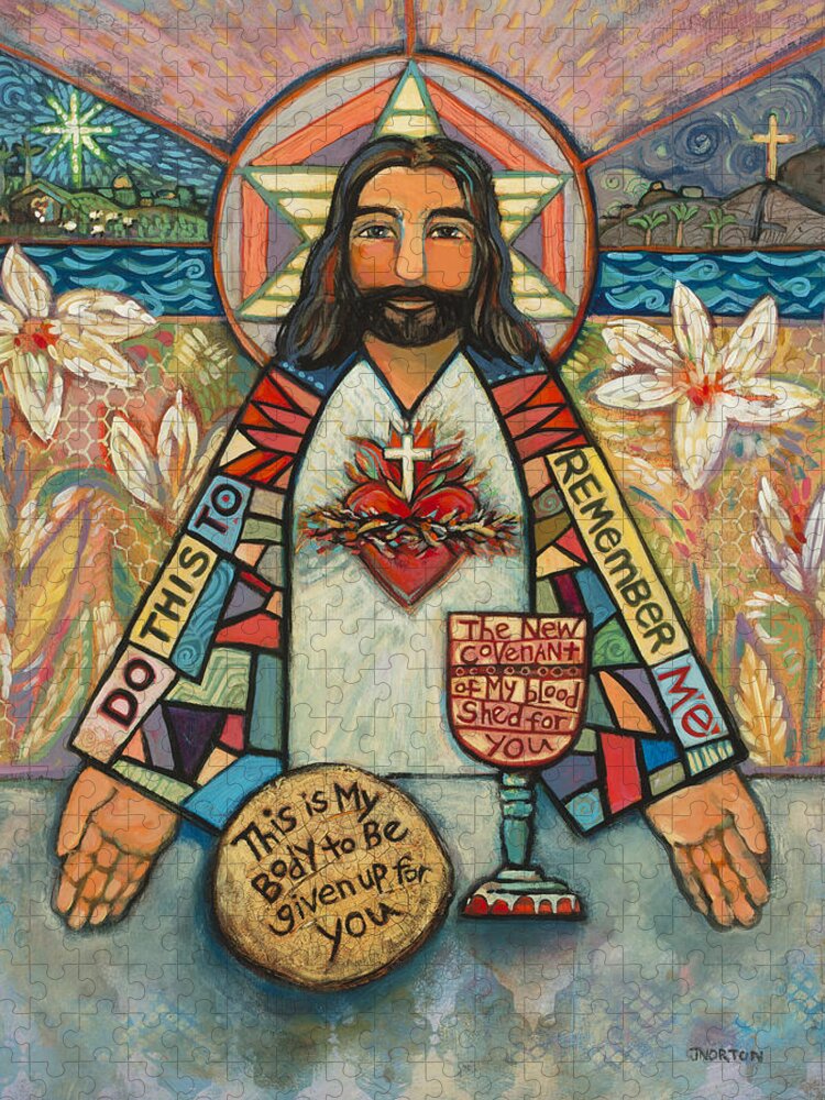 Jen Norton Jigsaw Puzzle featuring the painting Sacred Heart of Jesus by Jen Norton