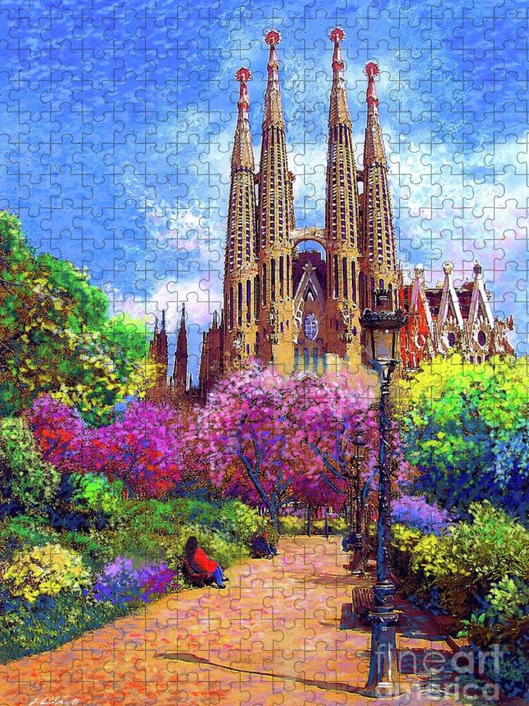 Spain Jigsaw Puzzle featuring the painting Sagrada Familia and Park Barcelona by Jane Small