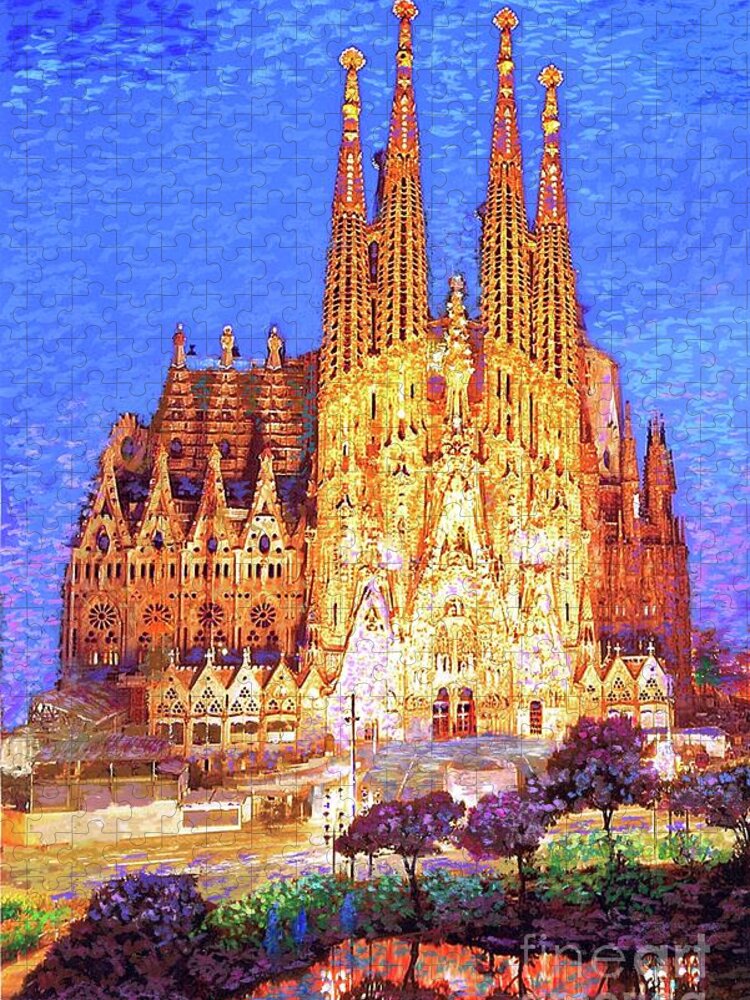 Spain Jigsaw Puzzle featuring the painting Sagrada Familia at Night by Jane Small