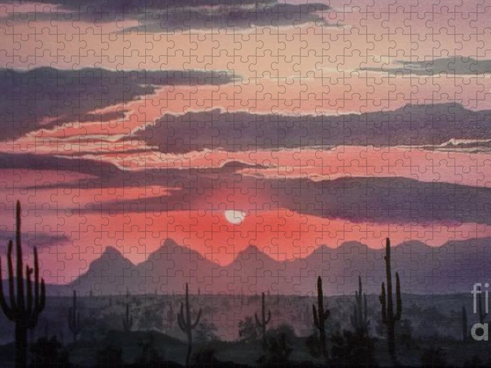 Tucson Mountains Jigsaw Puzzle featuring the painting Saguaro Silhouettes by Jerry Bokowski