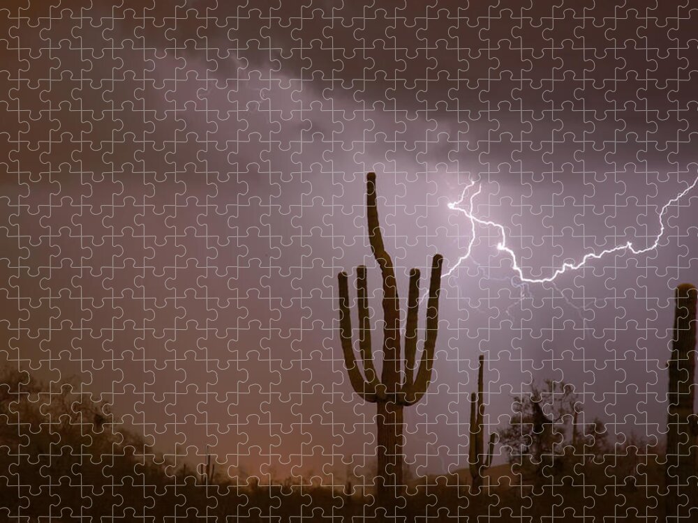 Lightning Jigsaw Puzzle featuring the photograph Saguaro Southwest Desert Lightning Air Strike by James BO Insogna
