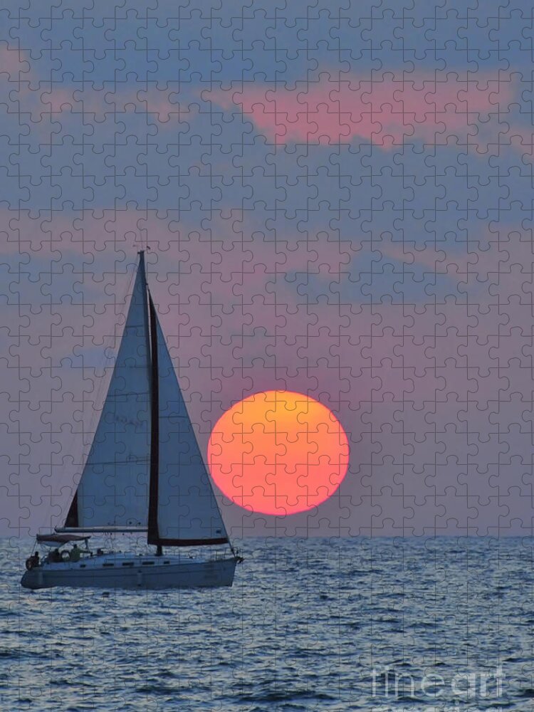 Sail Boats Jigsaw Puzzle featuring the photograph Sailboat at sunset by Shay Levy