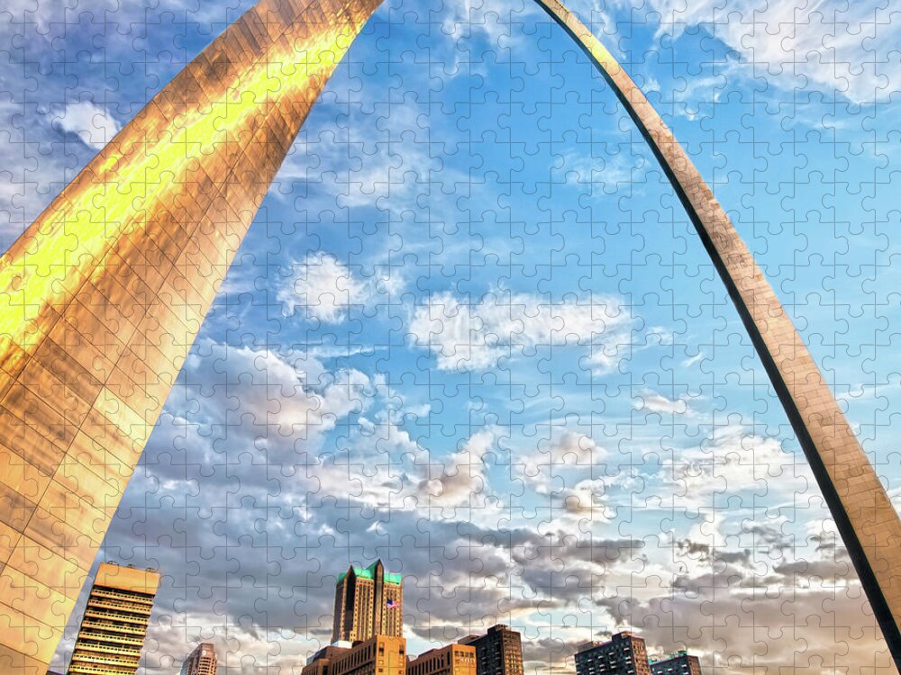 St Louis Skyline Jigsaw Puzzle featuring the photograph Saint Louis Skyline Morning Under the Arch 1x1 by Gregory Ballos