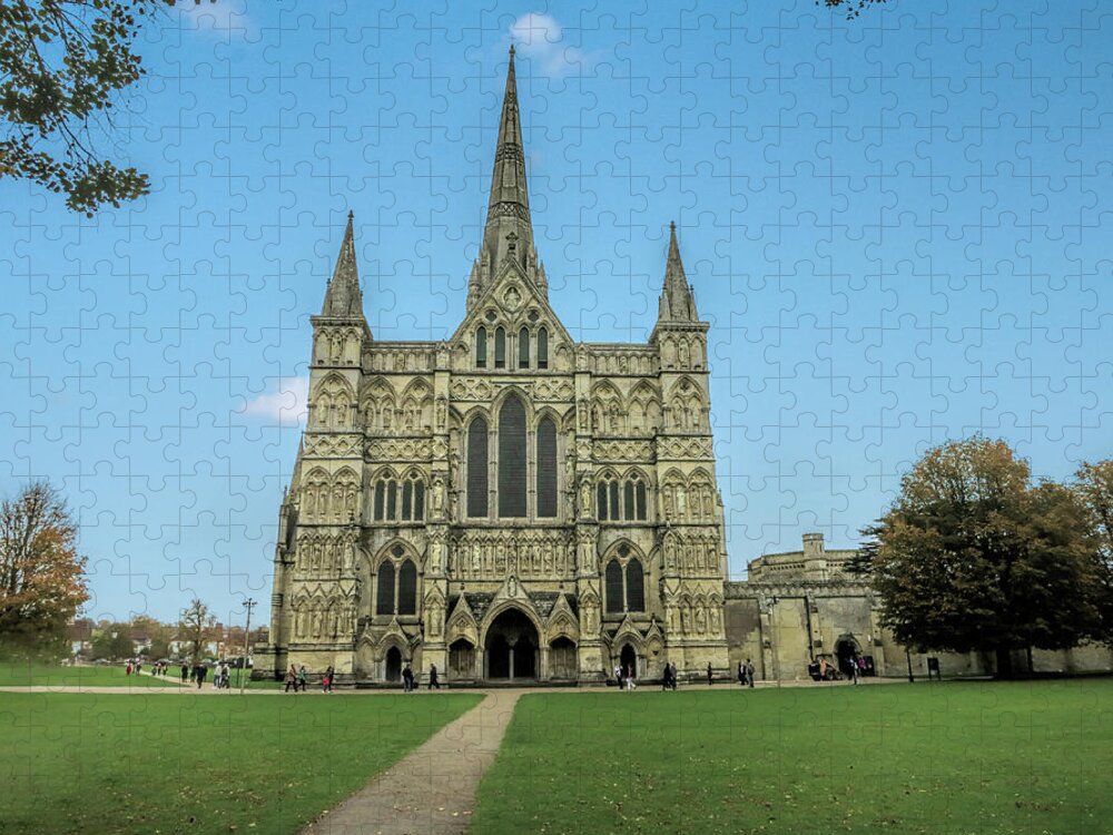 Salisbury Cathedral Front Facade Jigsaw Puzzle featuring the photograph Salisbury Cathedral - Front Facade by Phyllis Taylor
