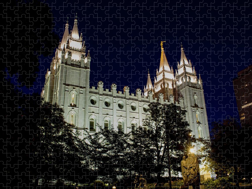 Trees Jigsaw Puzzle featuring the photograph Salt Lake Temple at Night by K Bradley Washburn