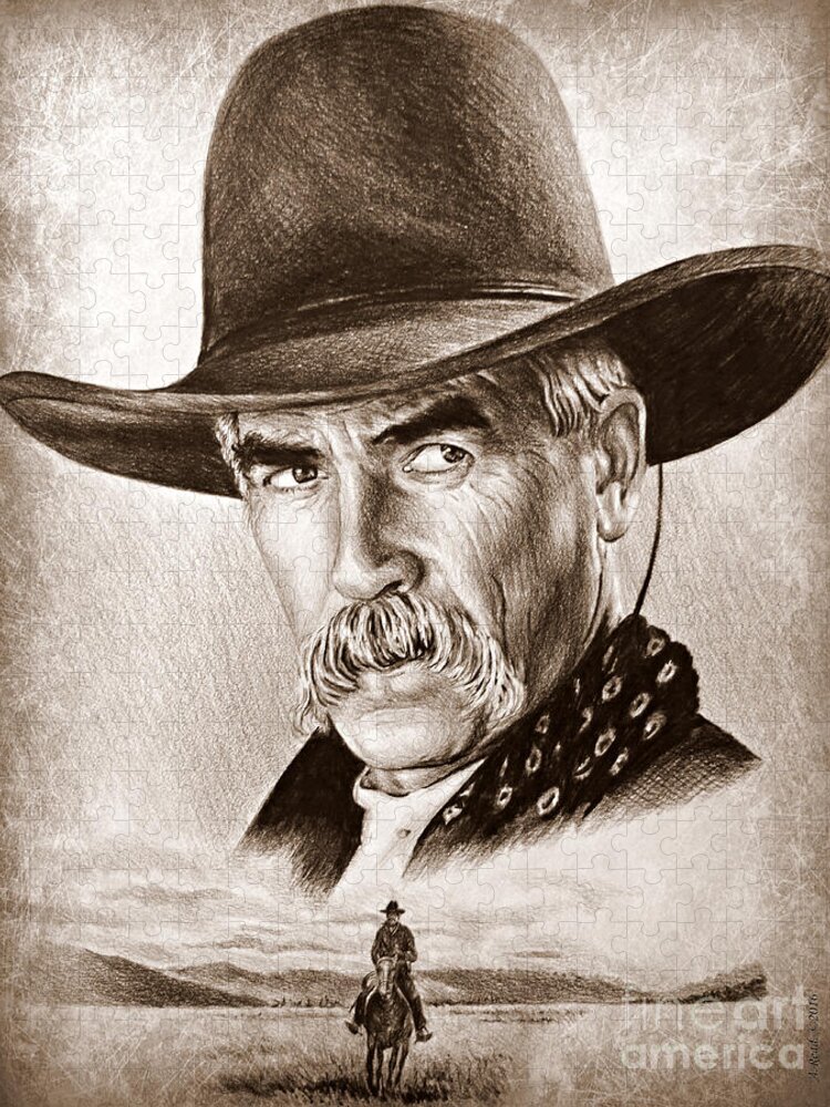 Sam Elliot Jigsaw Puzzle featuring the drawing Sam Elliot The Lone Rider by Andrew Read