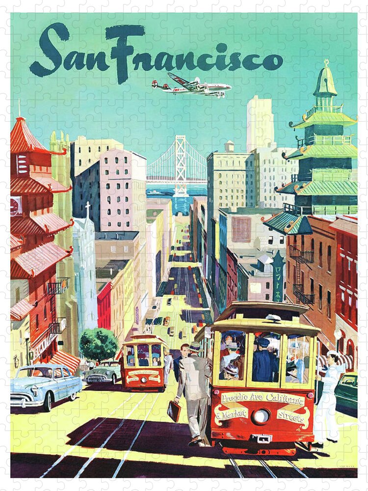 San Francisco Jigsaw Puzzle featuring the painting San Francisco, city, tramway, vintage travel Poster by Long Shot