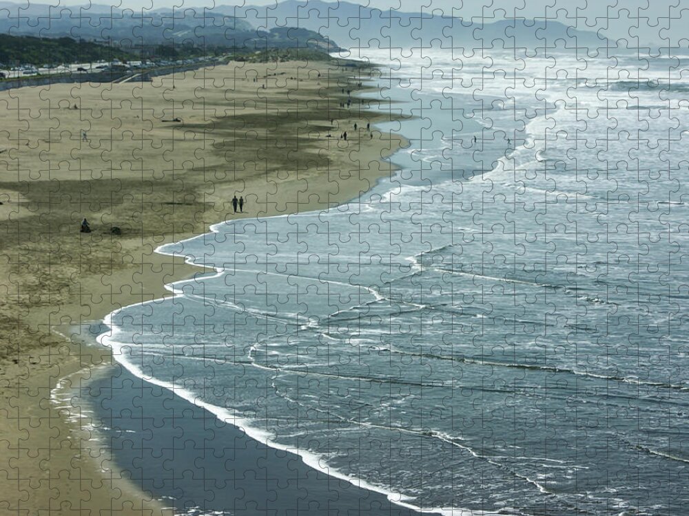 Georgia Mizuleva Jigsaw Puzzle featuring the painting San Francisco Fog - Ocean Beach Rolling Surf by Georgia Mizuleva