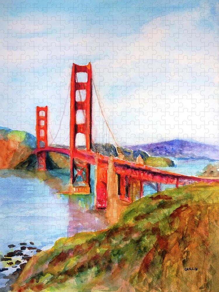 Golden Gate Bridge Jigsaw Puzzle featuring the painting San Francisco Golden Gate Bridge Impressionism by Carlin Blahnik CarlinArtWatercolor
