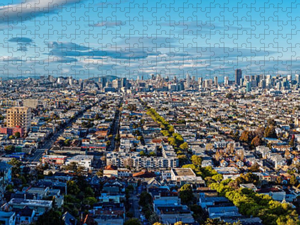 San Francisco Jigsaw Puzzle featuring the photograph San Francisco Skyline from Bernal Heights Park at Sunset - San Francisco California by Silvio Ligutti