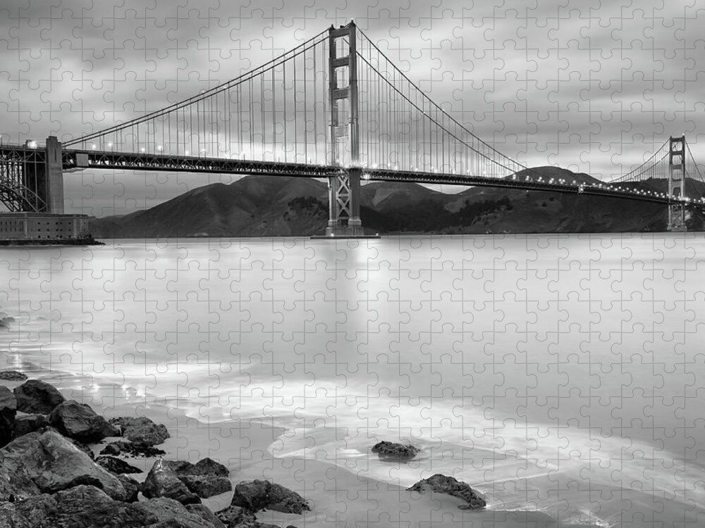 Golden Gate Bridge Jigsaw Puzzle featuring the photograph San Francisco's Golden Gate Bridge - Black and White Edition by Gregory Ballos