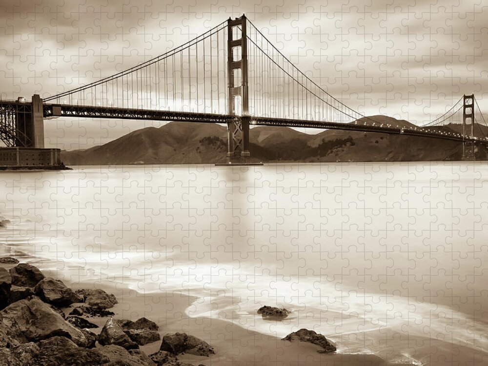 Golden Gate Bridge Jigsaw Puzzle featuring the photograph San Francisco's Golden Gate Bridge - Sepia Edition by Gregory Ballos