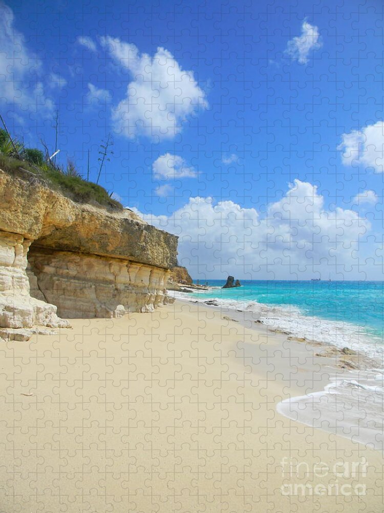 Bright Blue Sky With Small White Puffy Clouds Jigsaw Puzzle featuring the photograph Sand Sea and sky by Priscilla Batzell Expressionist Art Studio Gallery