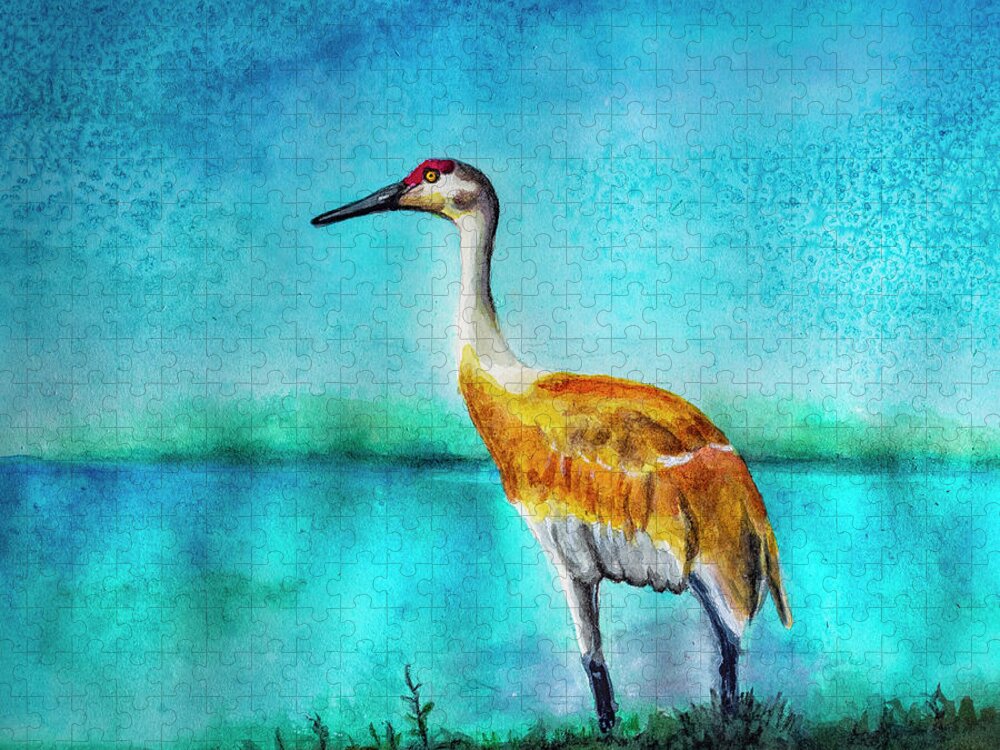 Watercolor Jigsaw Puzzle featuring the painting Sandhill Crane Watercolor by Rick Mosher