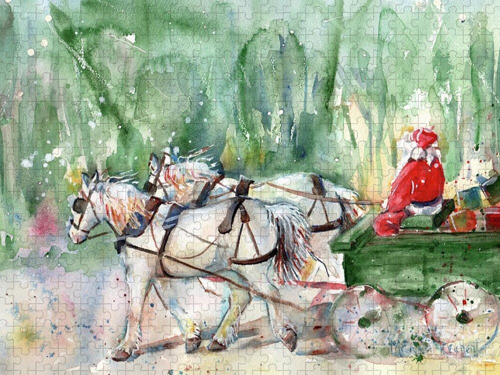 Horse Christmas Art Jigsaw Puzzle featuring the painting Santa Claus is Coming To Town by Maria Reichert