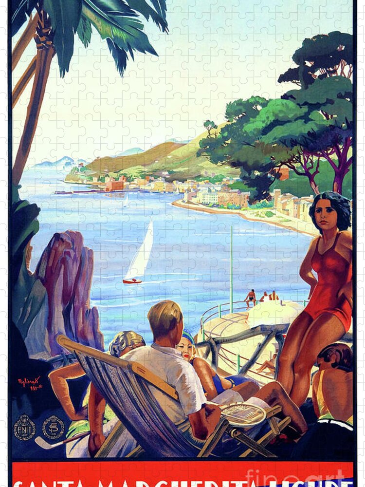  Vintage Jigsaw Puzzle featuring the mixed media Santa Margherita Ligure Vintage Poster Restored by Vintage Treasure