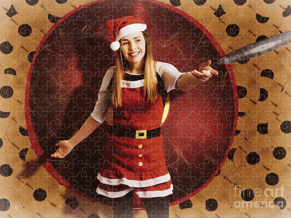 Disco Jigsaw Puzzle featuring the photograph Santa woman spinning christmas music at club by Jorgo Photography