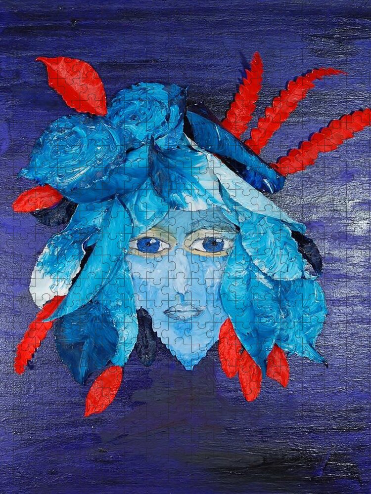Leaves Jigsaw Puzzle featuring the mixed media Sassy Lady Blue by Charla Van Vlack