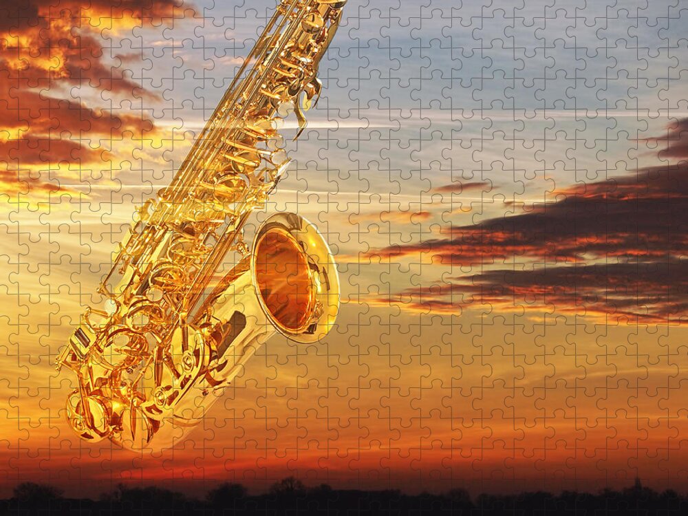 Music Jigsaw Puzzle featuring the photograph Sax At Sunset by Gill Billington