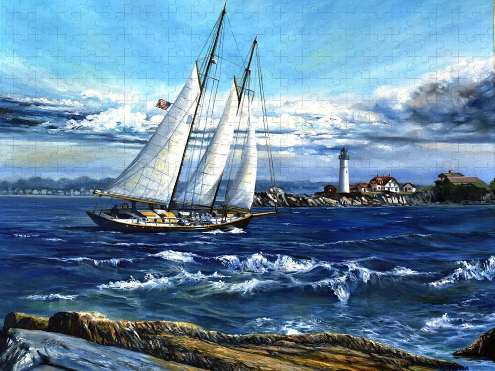 Schooner Jigsaw Puzzle featuring the painting Schooner Bagheera by Portland Head Light by Eileen Patten Oliver