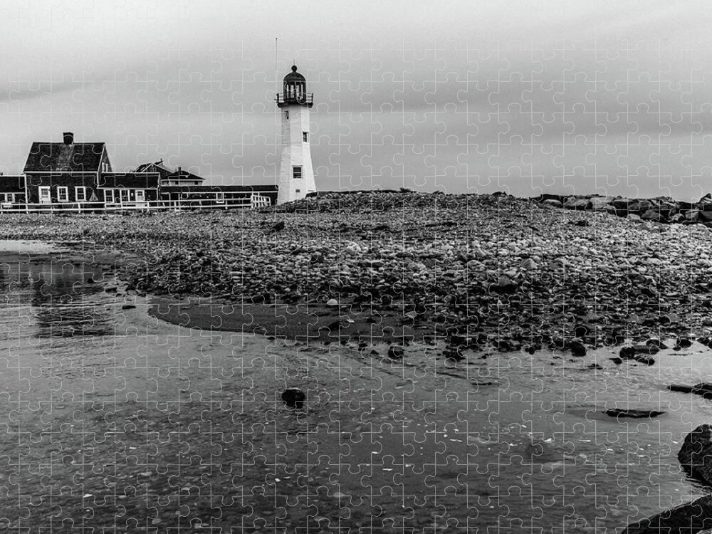 Scituate Lighthouse And Beach In Black And White Jigsaw Puzzle featuring the photograph Scituate Lighthouse and Beach in Black and White by Brian MacLean