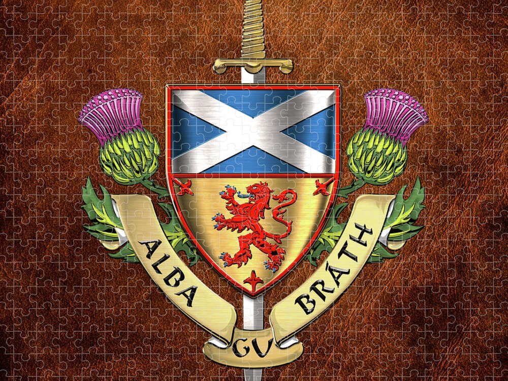 “world Heraldry” Collection Serge Averbukh Jigsaw Puzzle featuring the digital art Scotland Forever - Alba Gu Brath - Symbols of Scotland over Brown Leather by Serge Averbukh