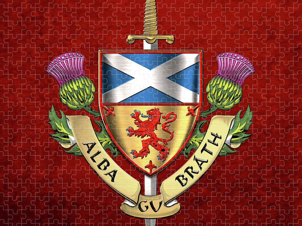 “world Heraldry” Collection Serge Averbukh Jigsaw Puzzle featuring the digital art Scotland Forever - Alba Gu Brath - Symbols of Scotland over Red Velvet by Serge Averbukh