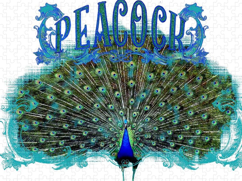 Peacock Jigsaw Puzzle featuring the painting Scroll Swirl Art Deco Nouveau Peacock w Tail Feathers Spread by Audrey Jeanne Roberts