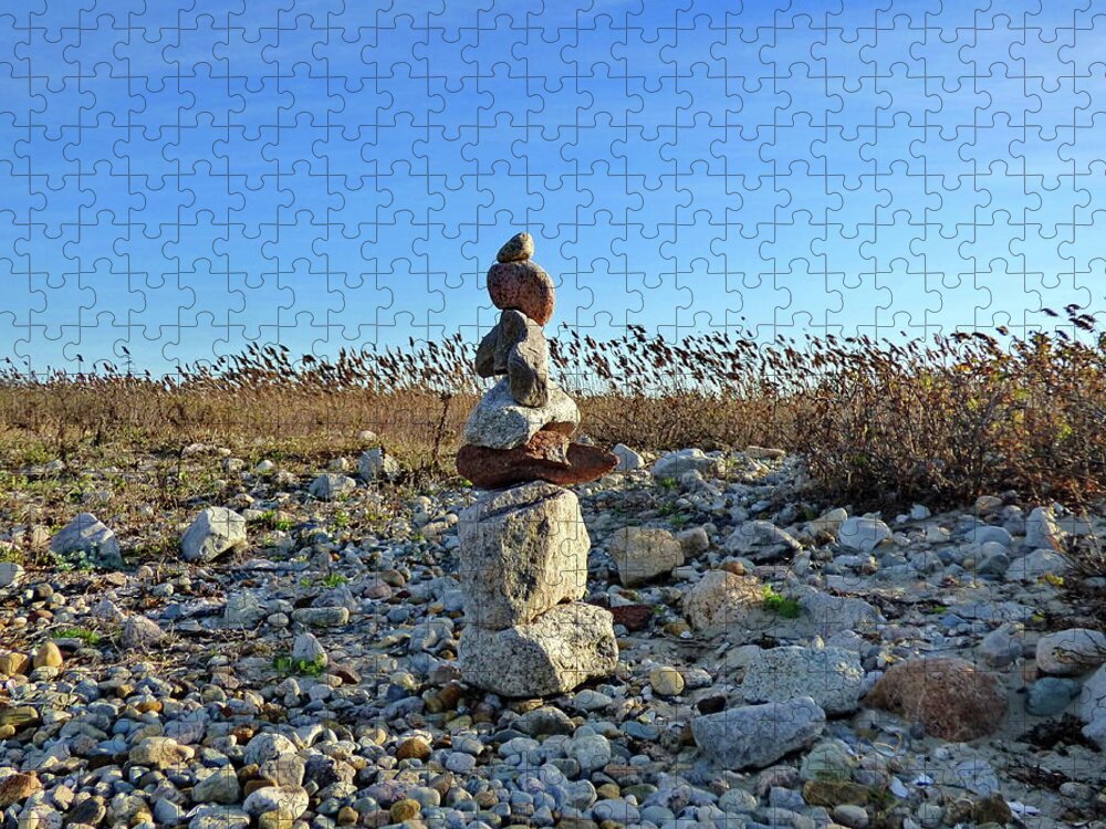 Inuksuk Jigsaw Puzzle featuring the photograph Sculpture on the Beach, Symbol of Hope and Friendship by Lyuba Filatova