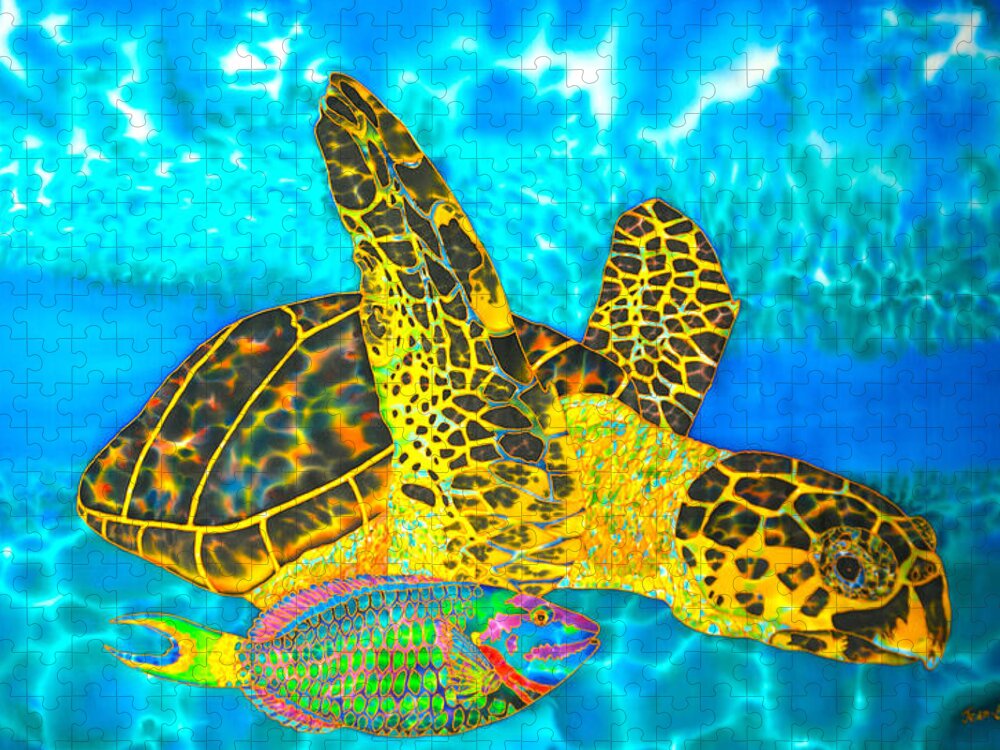 Sea Turtle Jigsaw Puzzle featuring the painting Sea Turtle and Parrotfish by Daniel Jean-Baptiste