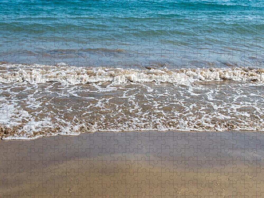 Abstract Jigsaw Puzzle featuring the photograph Seashore wave with sandy beach background by Michalakis Ppalis