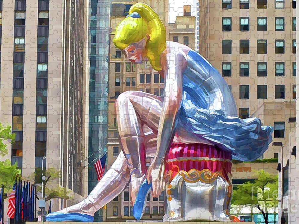Seated-ballerina Jigsaw Puzzle featuring the painting Seated Ballerina at Rockefeller Center 1 by Jeelan Clark