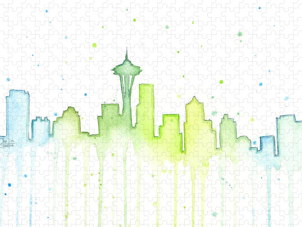 Seattle Jigsaw Puzzle featuring the painting Seattle Skyline Watercolor by Olga Shvartsur