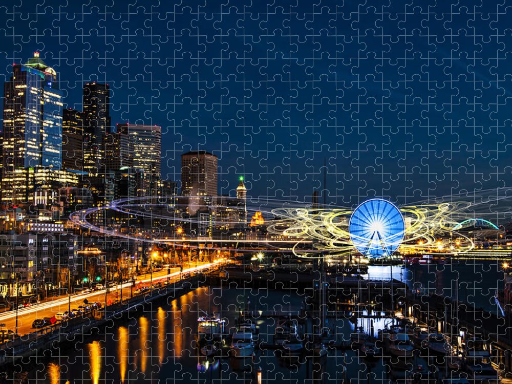 Long Jigsaw Puzzle featuring the digital art Seattle Waterfront Cosmic Rays by Pelo Blanco Photo